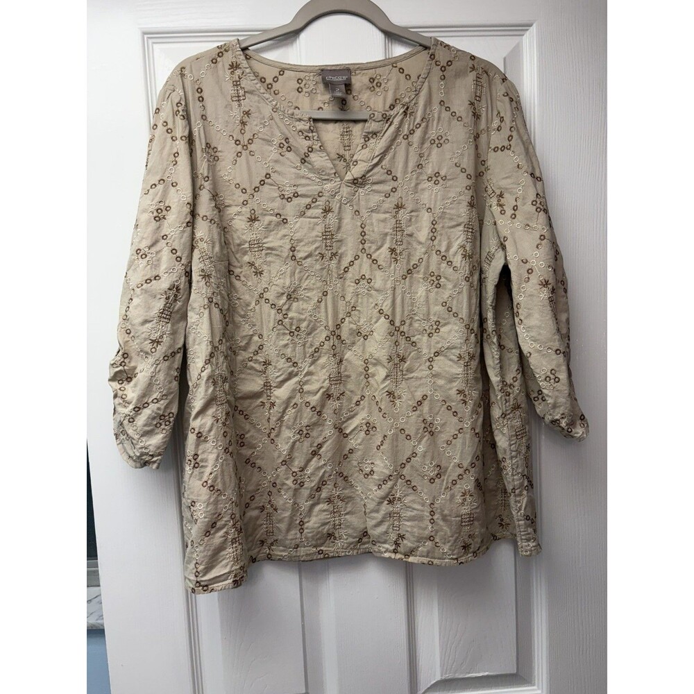 Chico’s Tan Allover Embroidered 3/4 Tab Sleeve Top large boho fairy whimsy chic